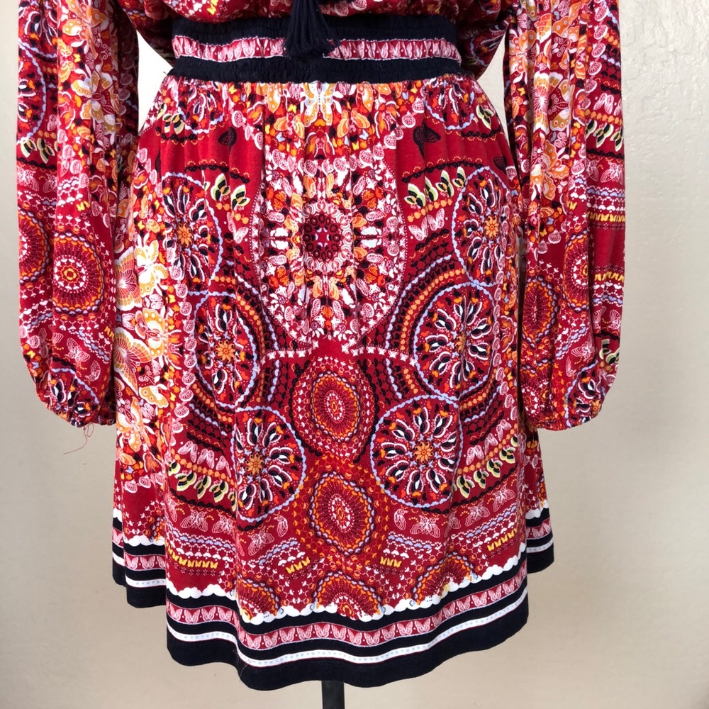CHELSEA & VIOLET | Red Patterned Peasant Dress S - Picture 6 of 8